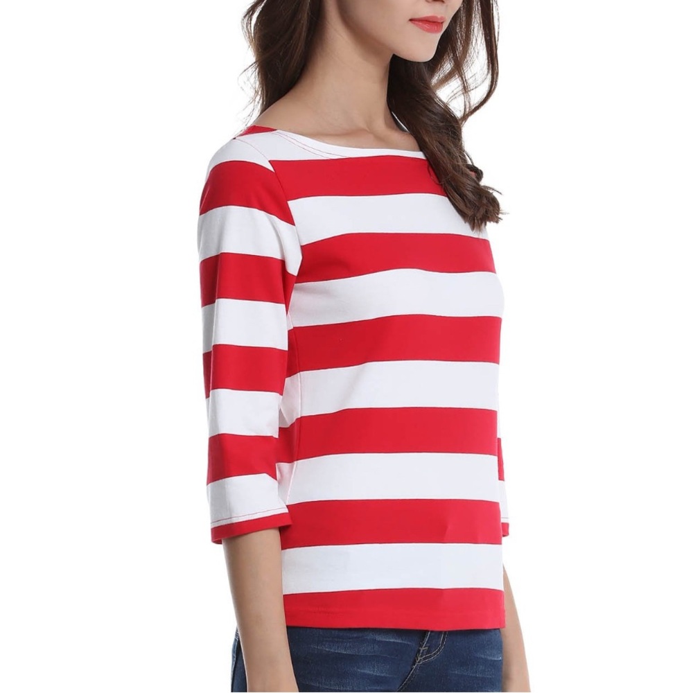 Red and White Striped Women's Fensace size small 3/4 length sleeve Top